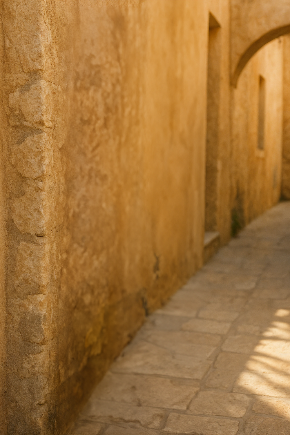 Sunlit stone alleyway with rustic Mediterranean architecture