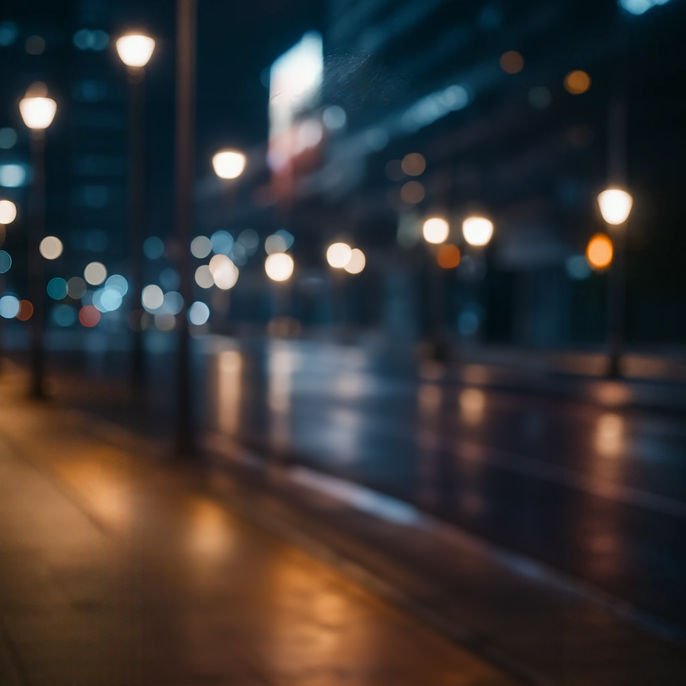 City lights glow on a quiet night stroll
