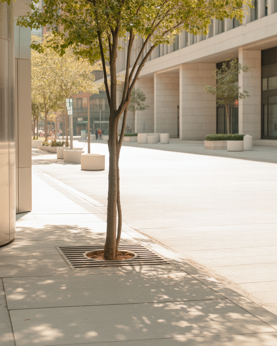 City sidewalk soft afternoon shadows with street tree