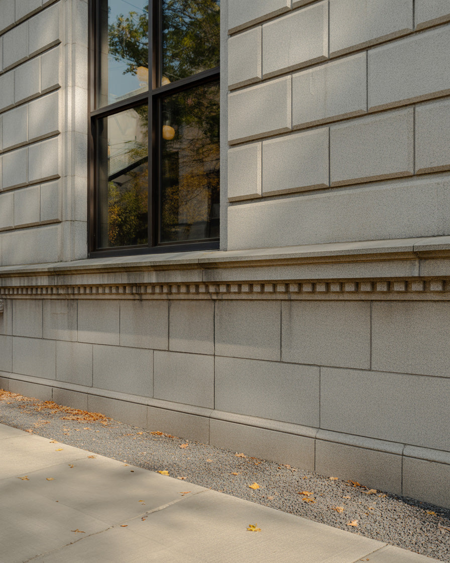 Historic stone building facade with large window trim