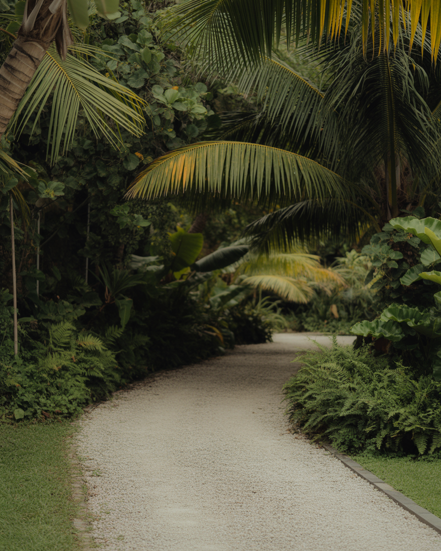 Tropical garden pathway surrounded by palms and green foliage
