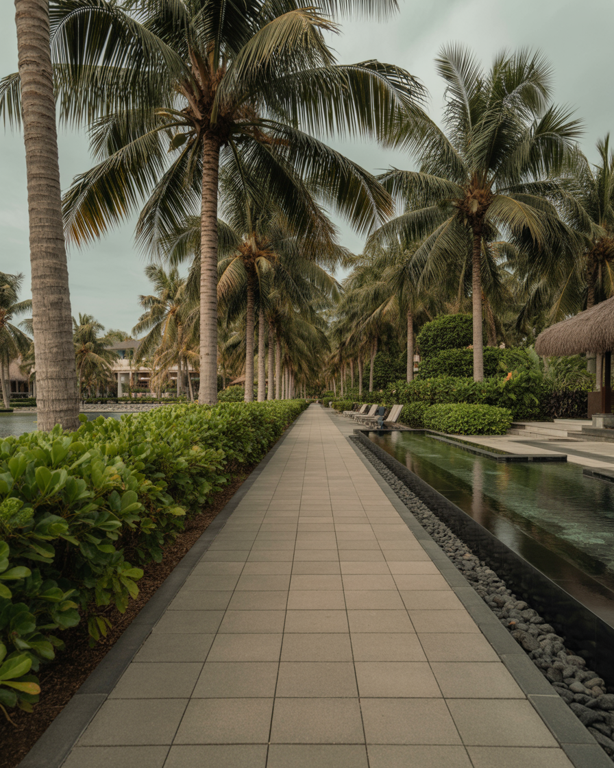 Tropical resort walkway lined with tall palm trees and reflective water features