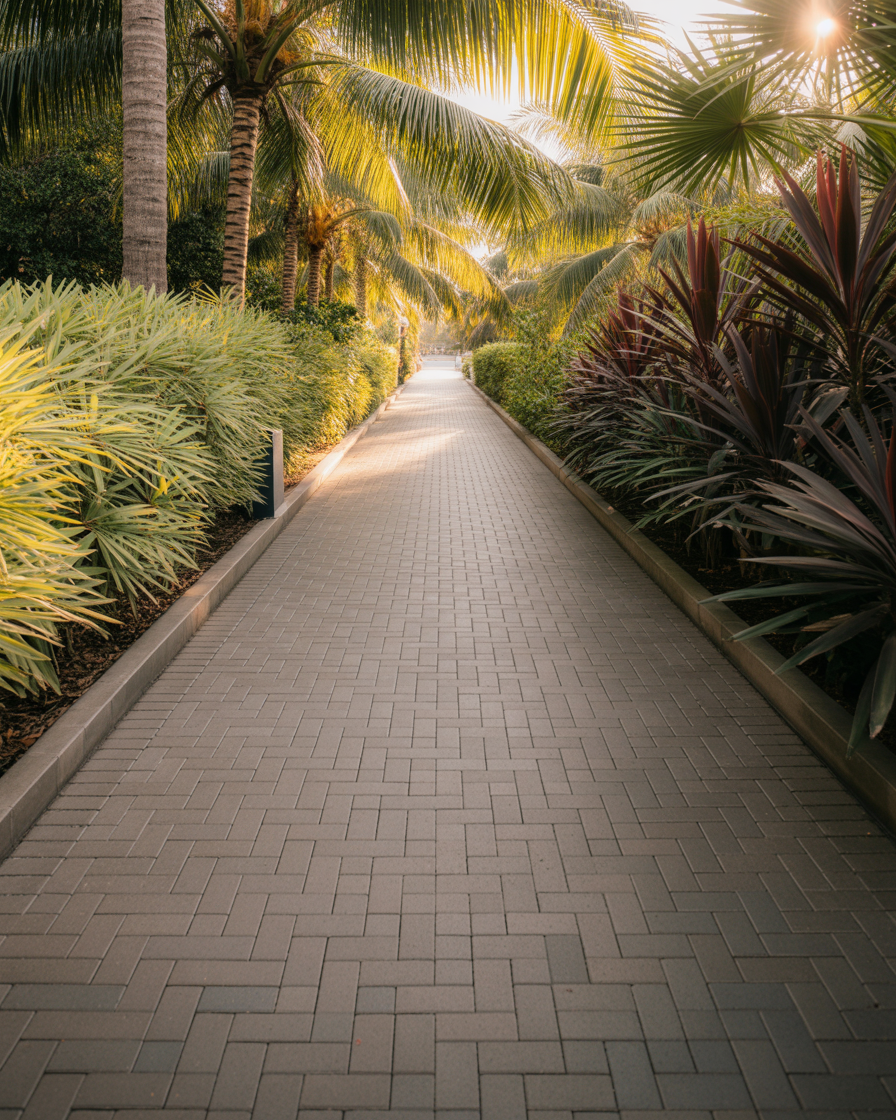 Sunny tropical walkway surrounded by palm trees and greenery