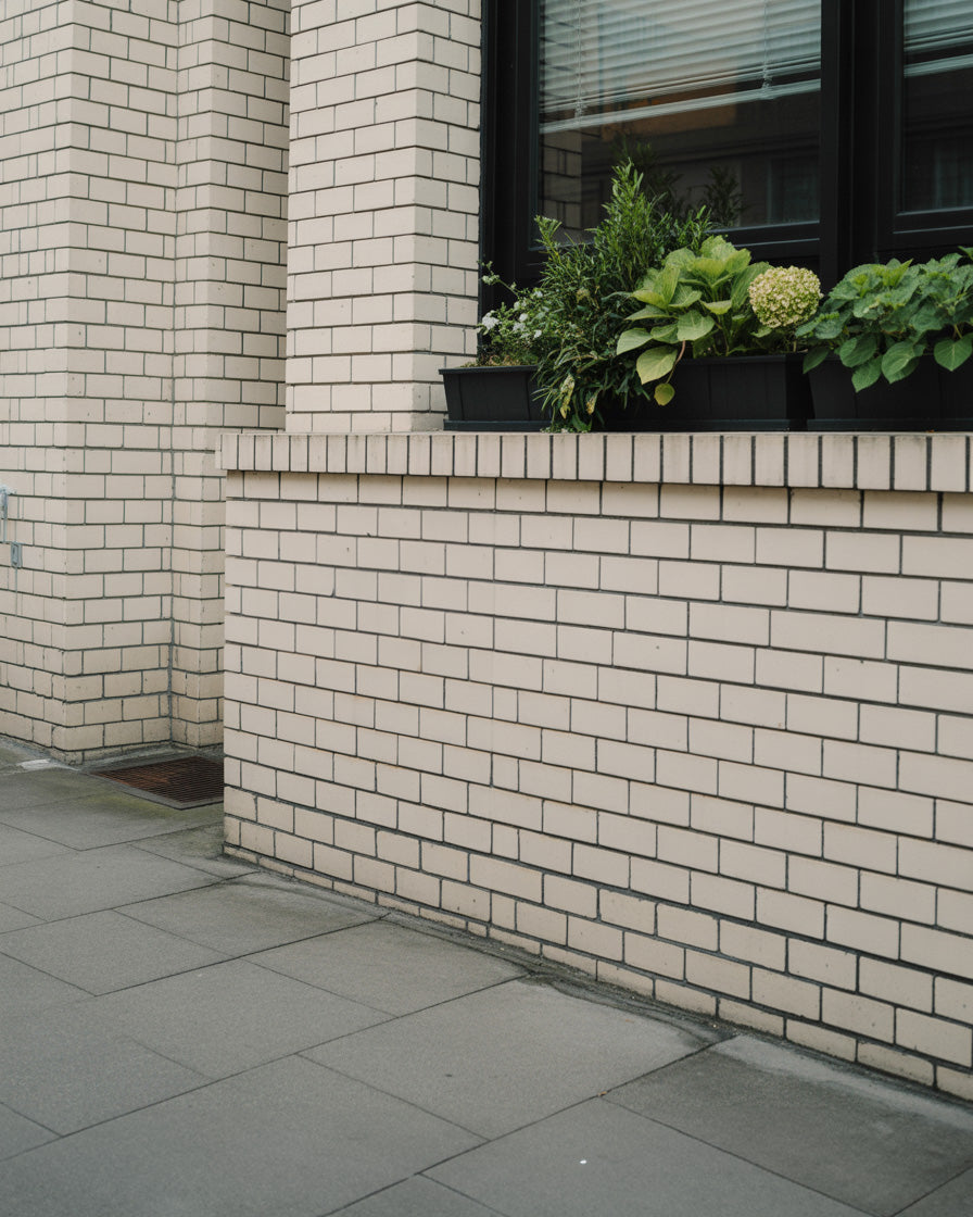 Light brick building facade with window planters above smooth gray pavement tiles