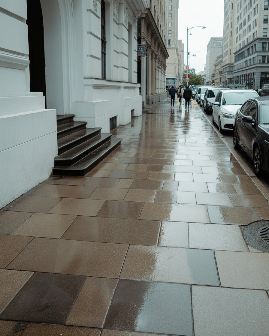 Rain soaked city sidewalk beside buildings and street