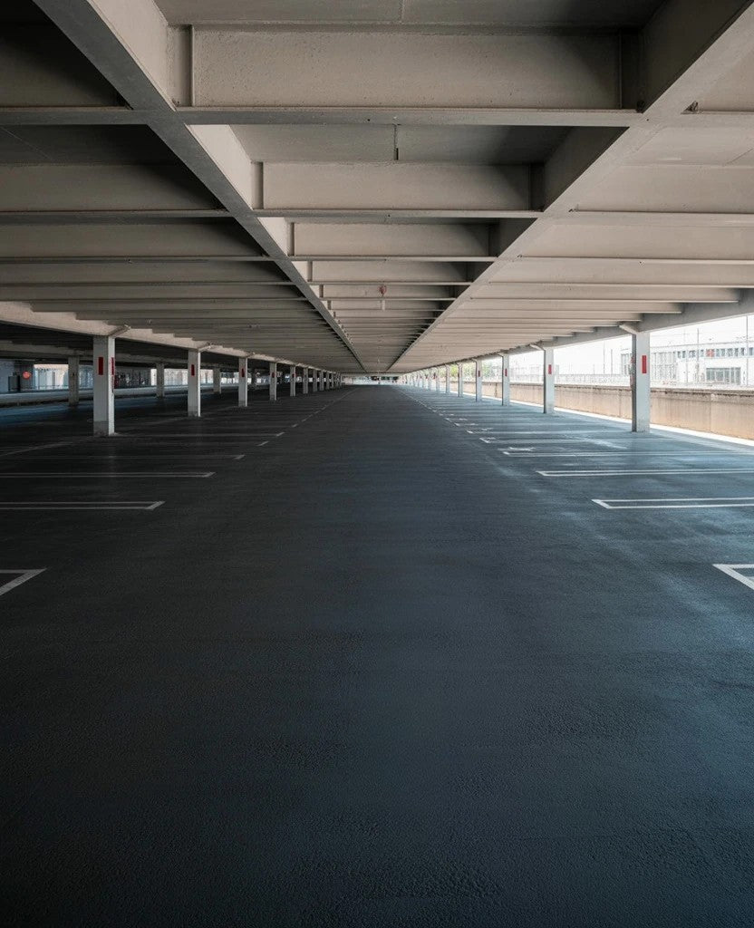 Large empty multilevel parking garage with repeating columns and concrete ceiling beams