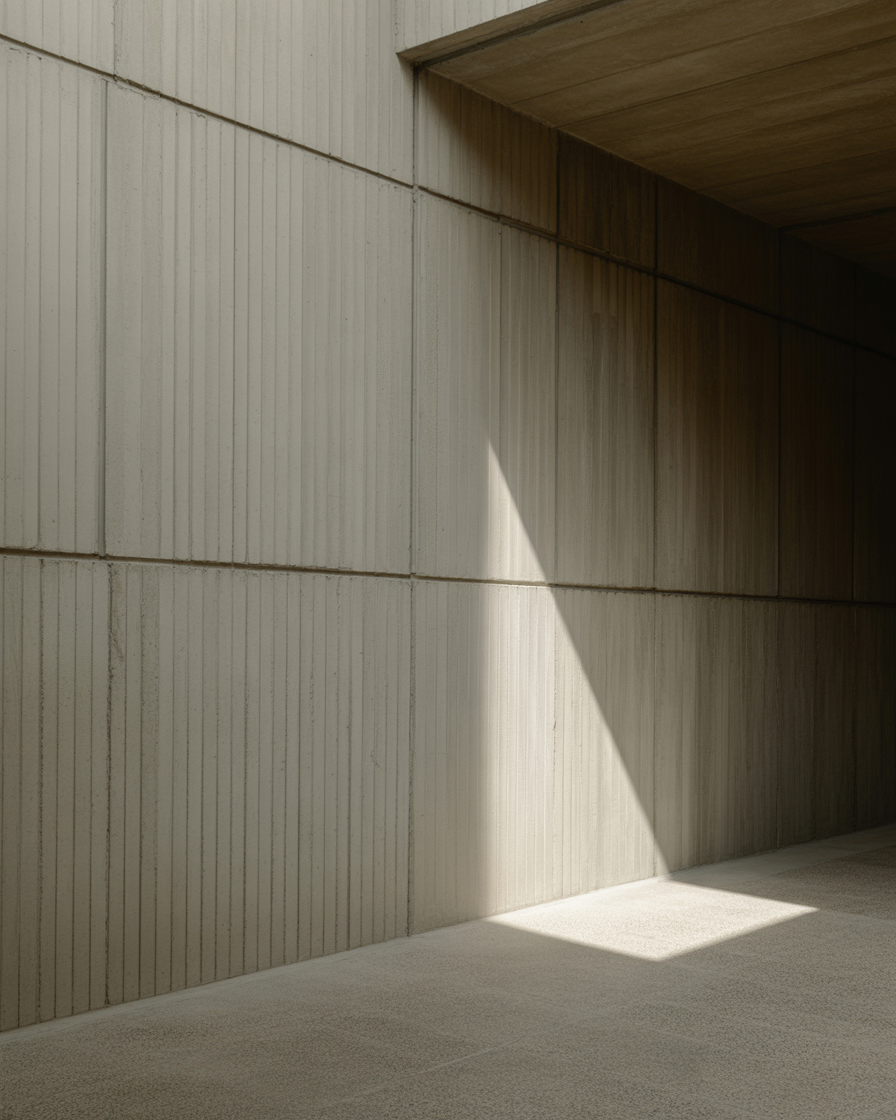 Sunlit minimalist concrete passage with soft geometric shadows