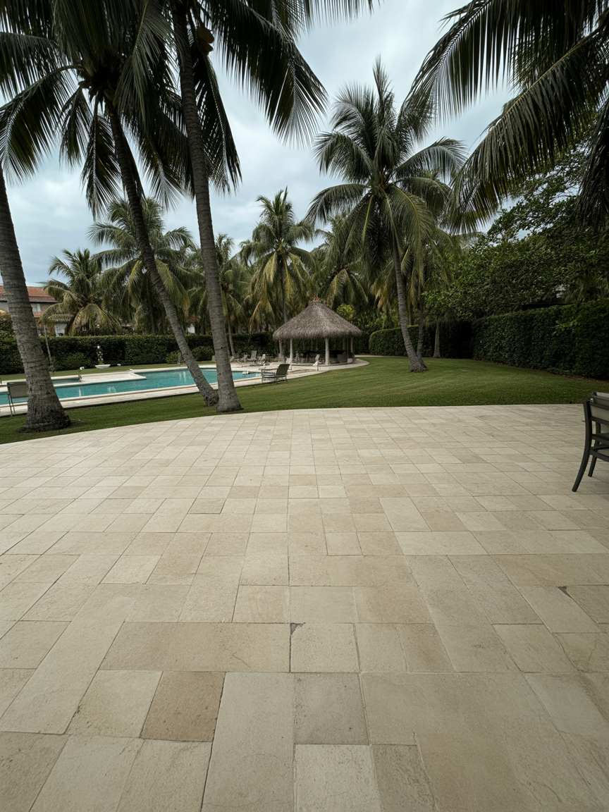 Tropical patio with stone tiles overlooking palm trees and a pool