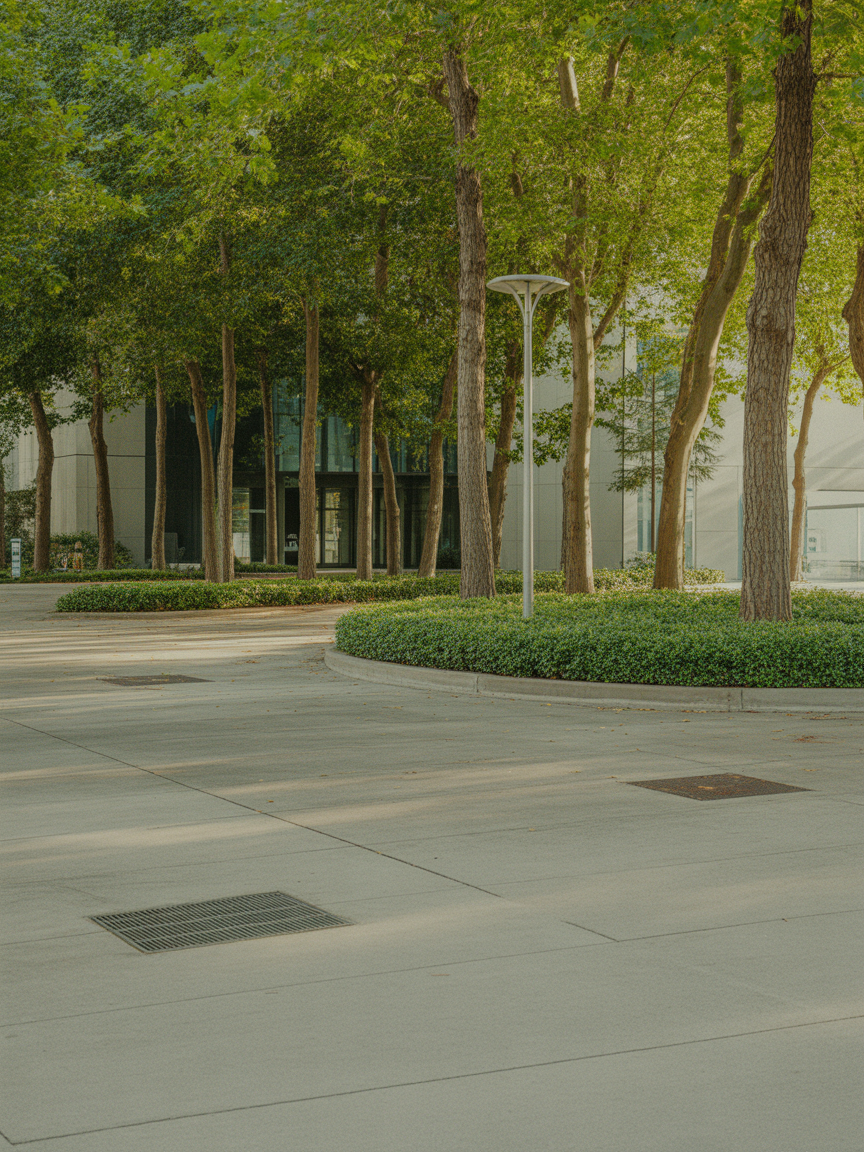 Courtyard with tall trees and clean paved pedestrian pathways