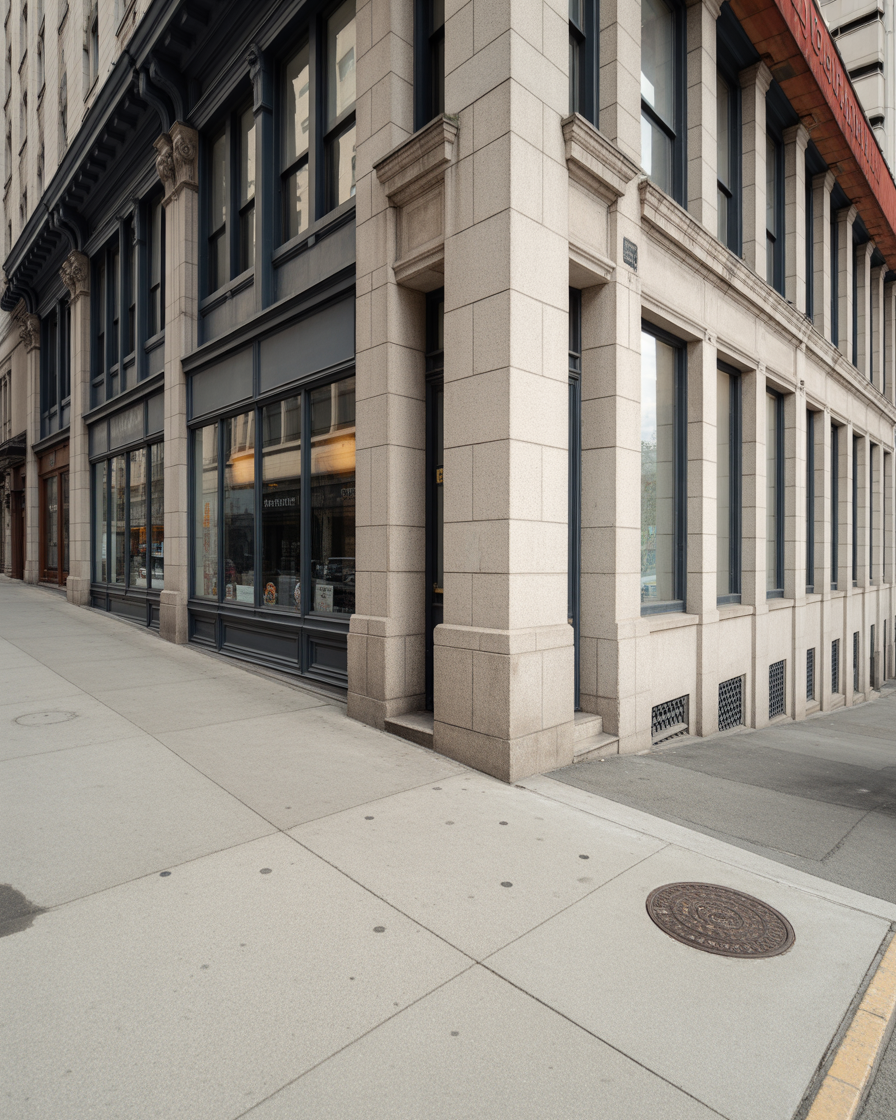 Downtown stone building façade with large windows along sidewalk