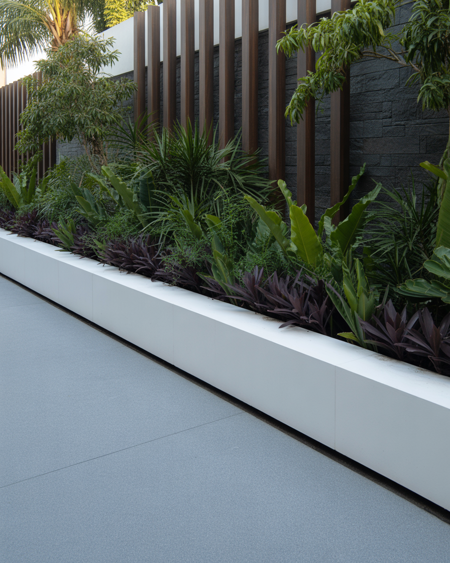 Landscaped walkway with greenery beside white raised planter