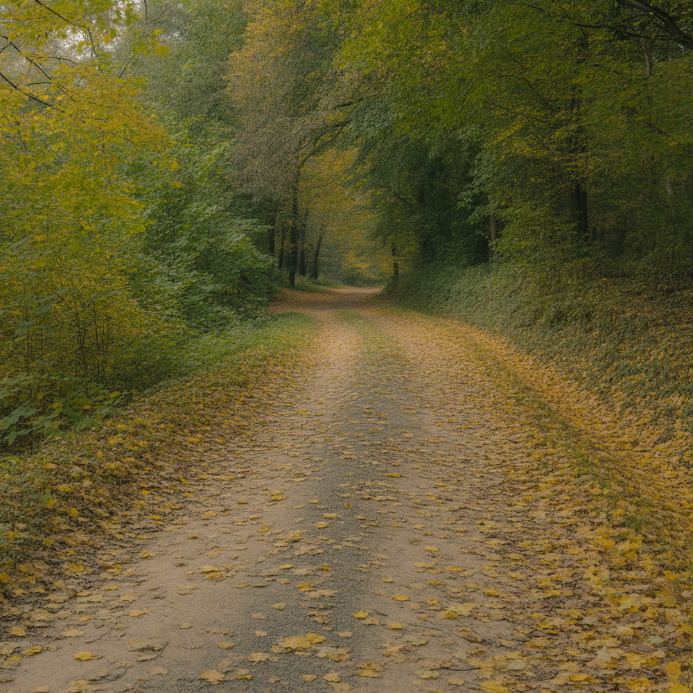 Forest path covered in fallen autumn leaves beneath dense green trees