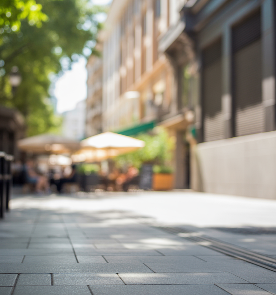 Sunny outdoor walkway beside cafés and modern buildings in soft focus