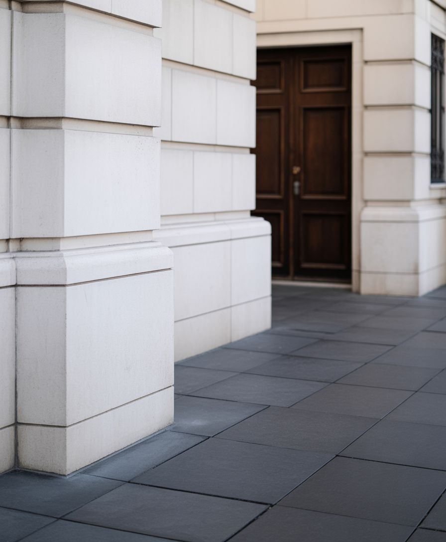 Classic stone building entrance with paneled door and clean pavement