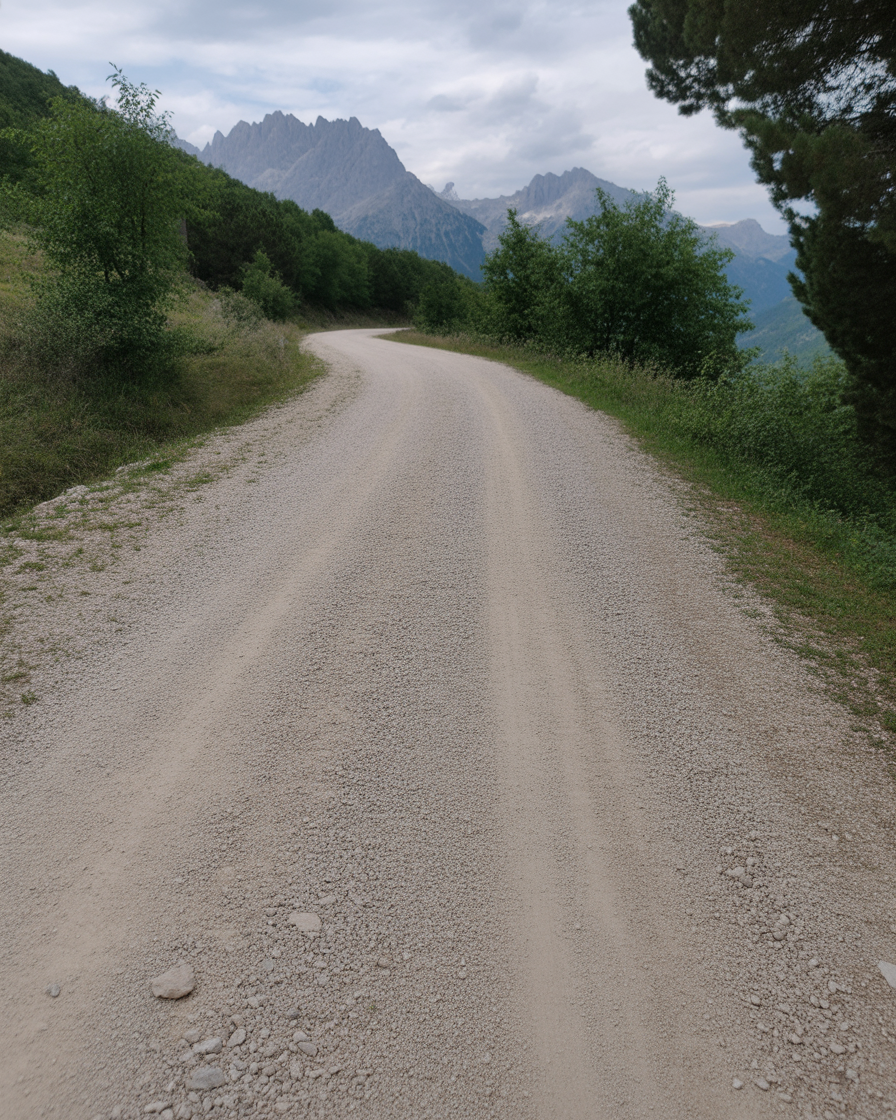 Curving gravel mountain road with lush pines and distant peaks