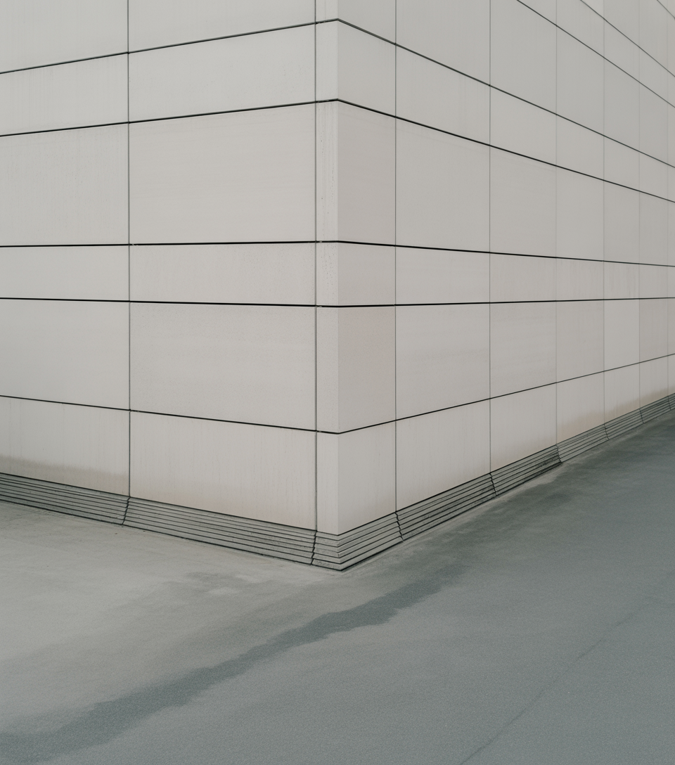 Minimalist modern building corner with clean geometric wall panels and pavement