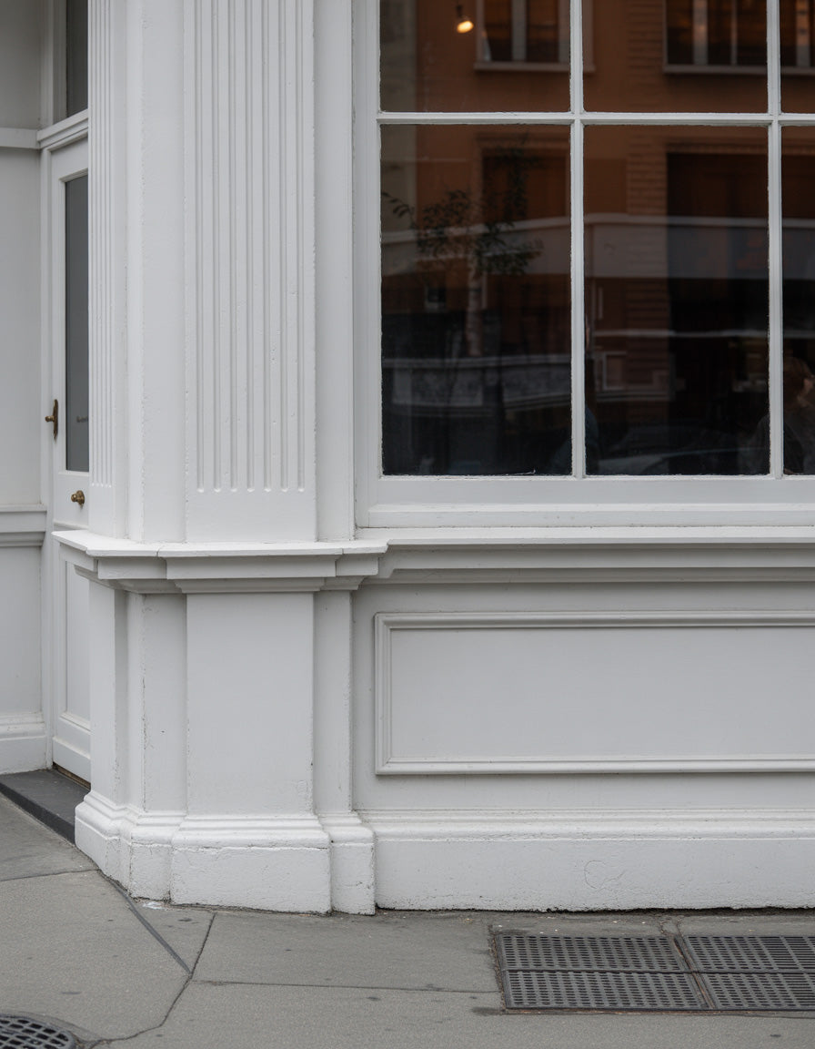 Elegant white storefront corner with paneled trim and window