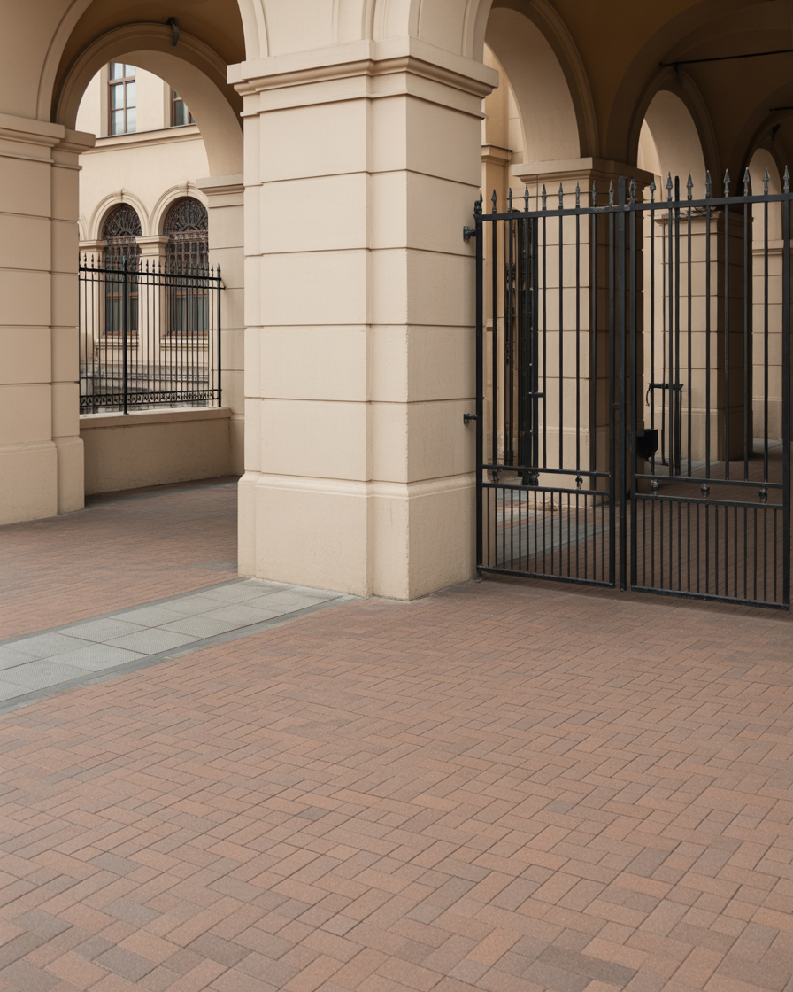 Gated archway with beige columns and patterned brick walkway in courtyard
