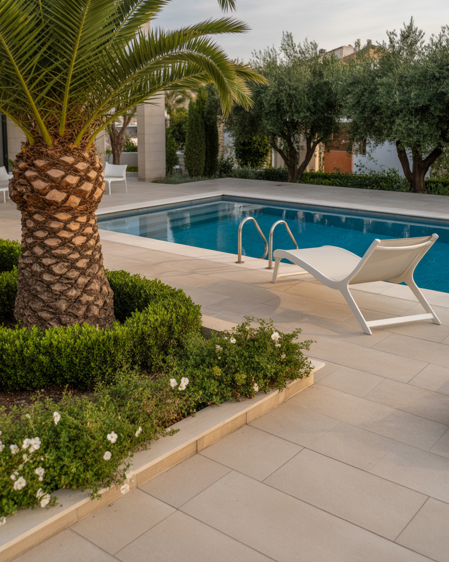 Poolside with palm trees and lounge chairs