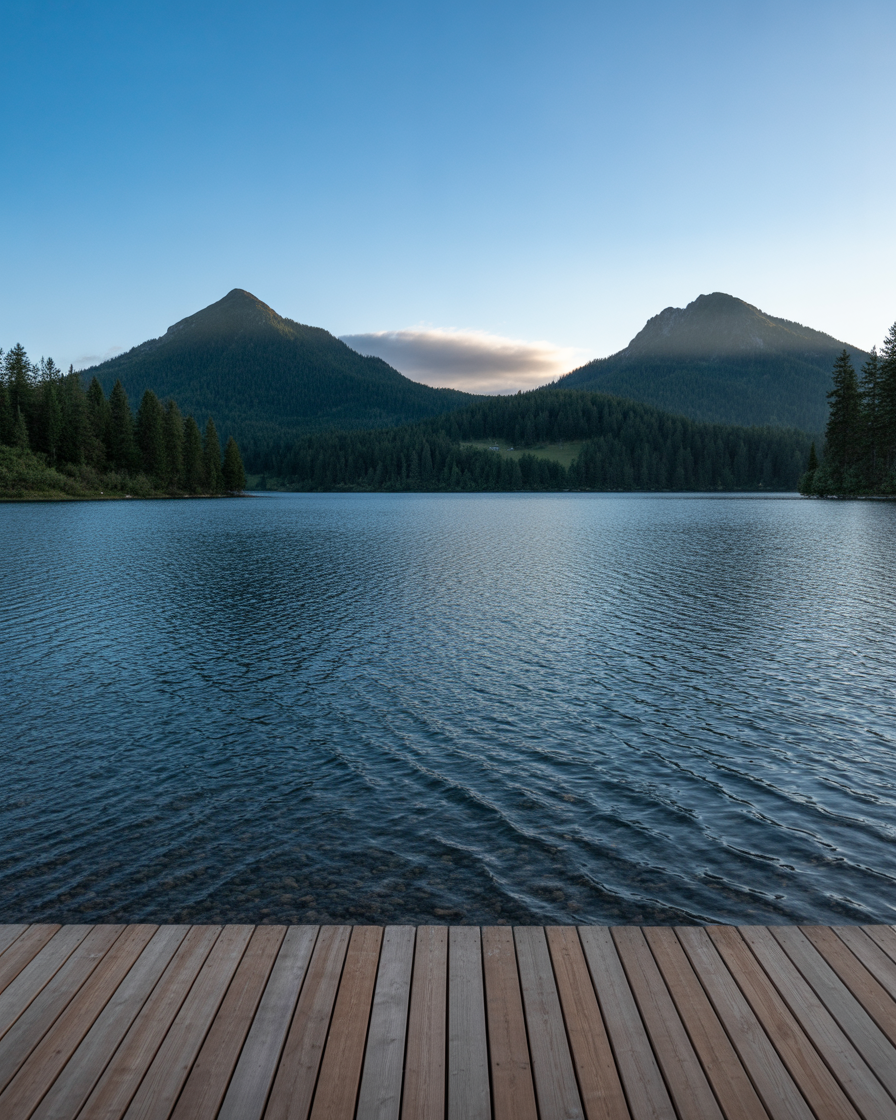 Mountain lake view from wooden dock at early morning
