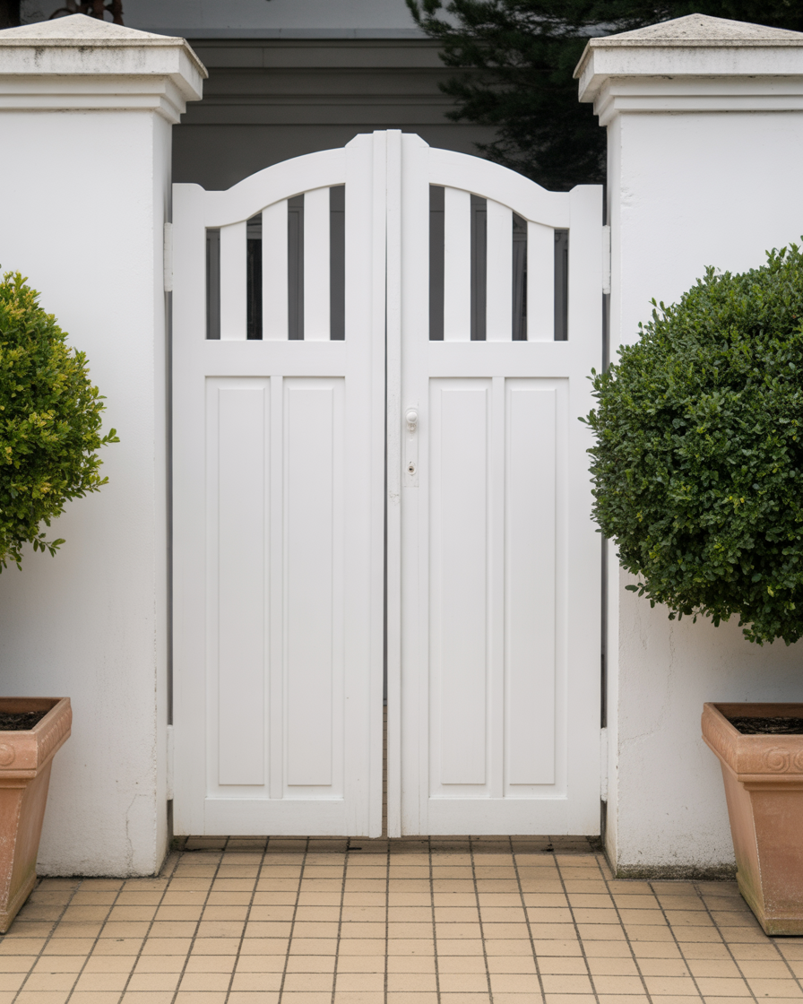 White garden gate with clean panels framed by trimmed greenery