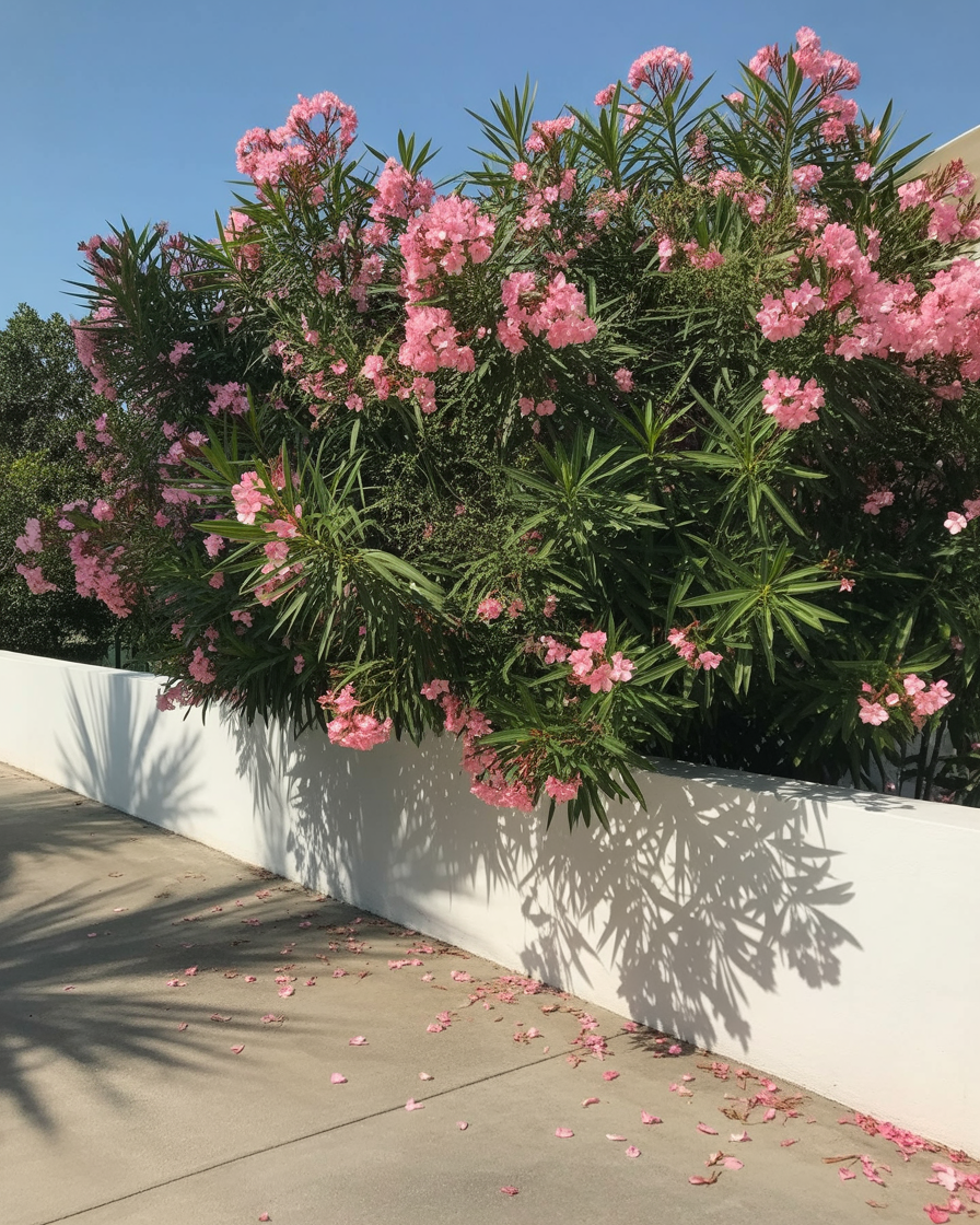 Vibrant pink flowering shrub casting crisp shadows on white wall