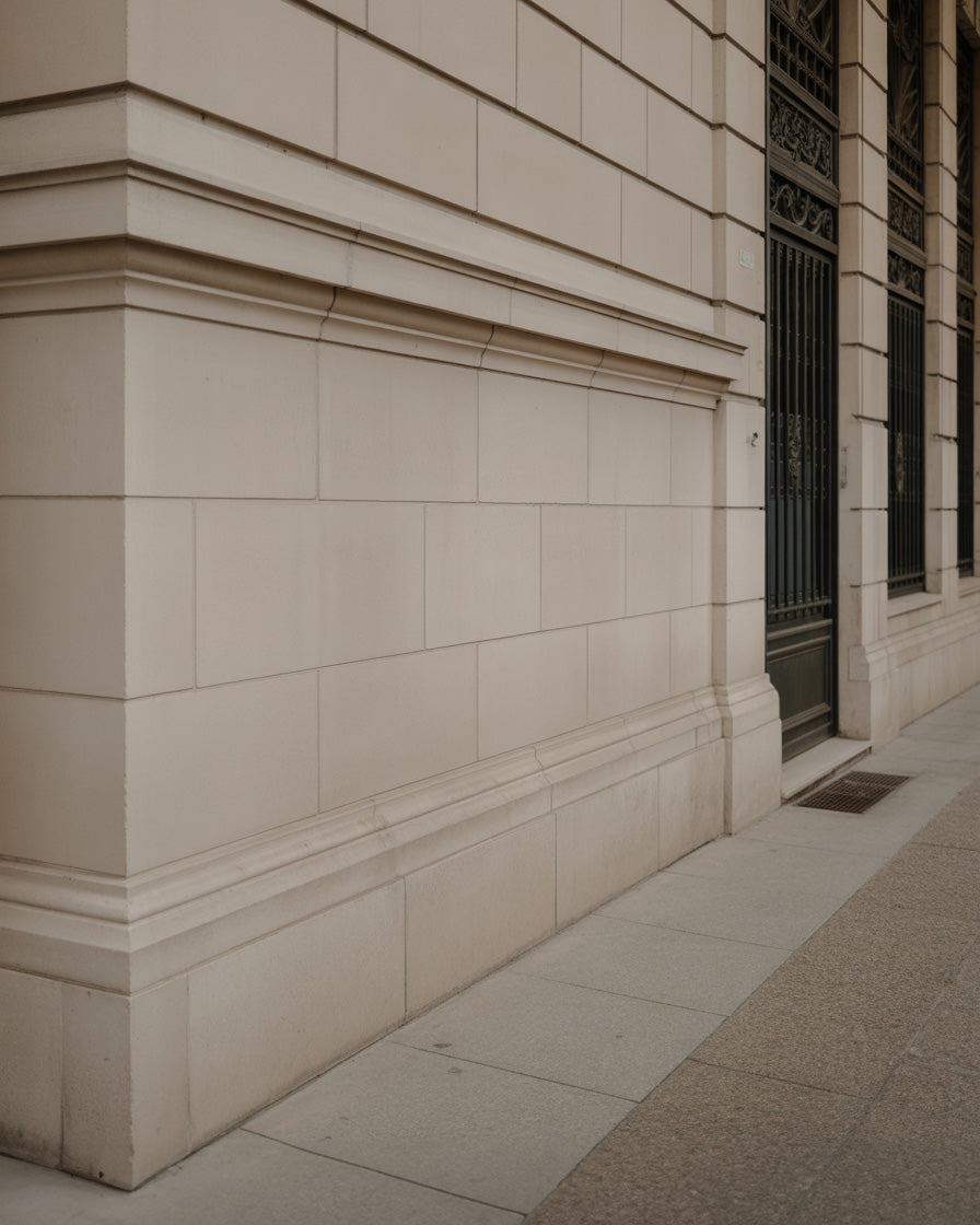 Clean beige stone wall with subtle trim along city walkway