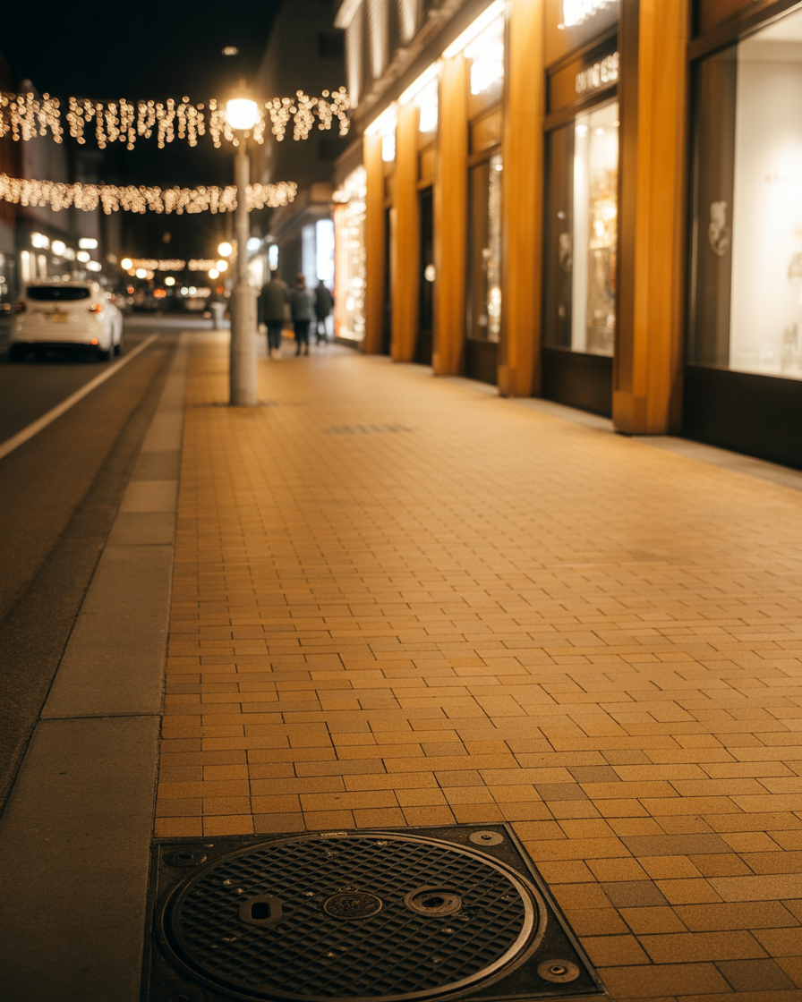 Warm night street scene with glowing shop lights and sidewalk