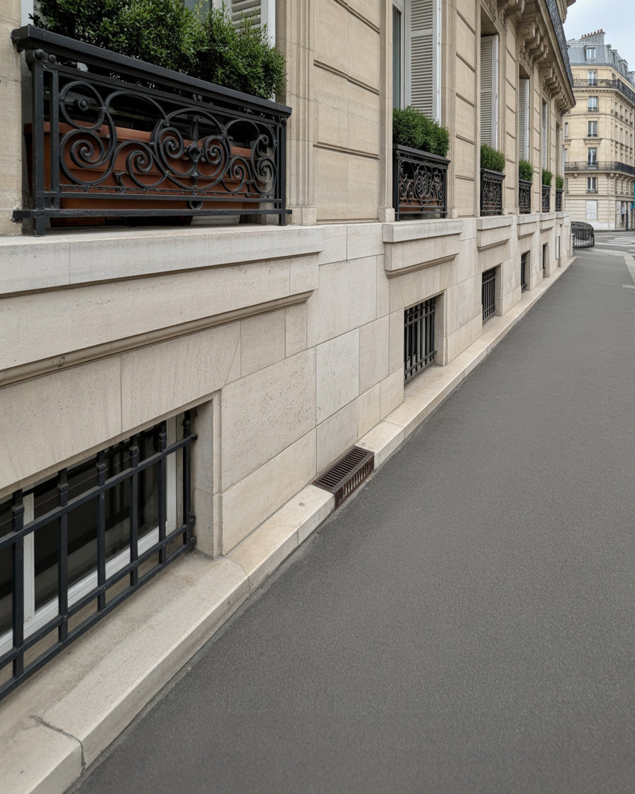 Sunlit downtown street sidewalk façade with ornate iron planters