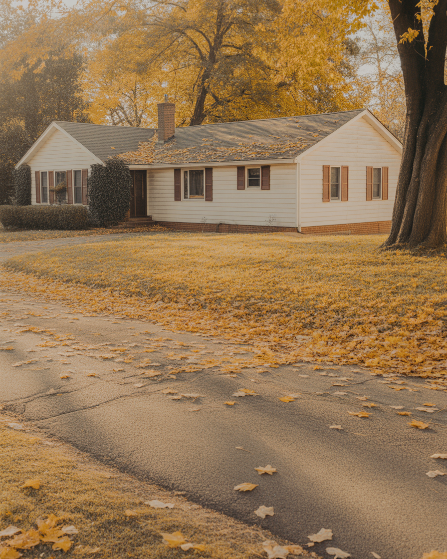 Cozy suburban house surrounded by golden autumn leaves and warm sunlight