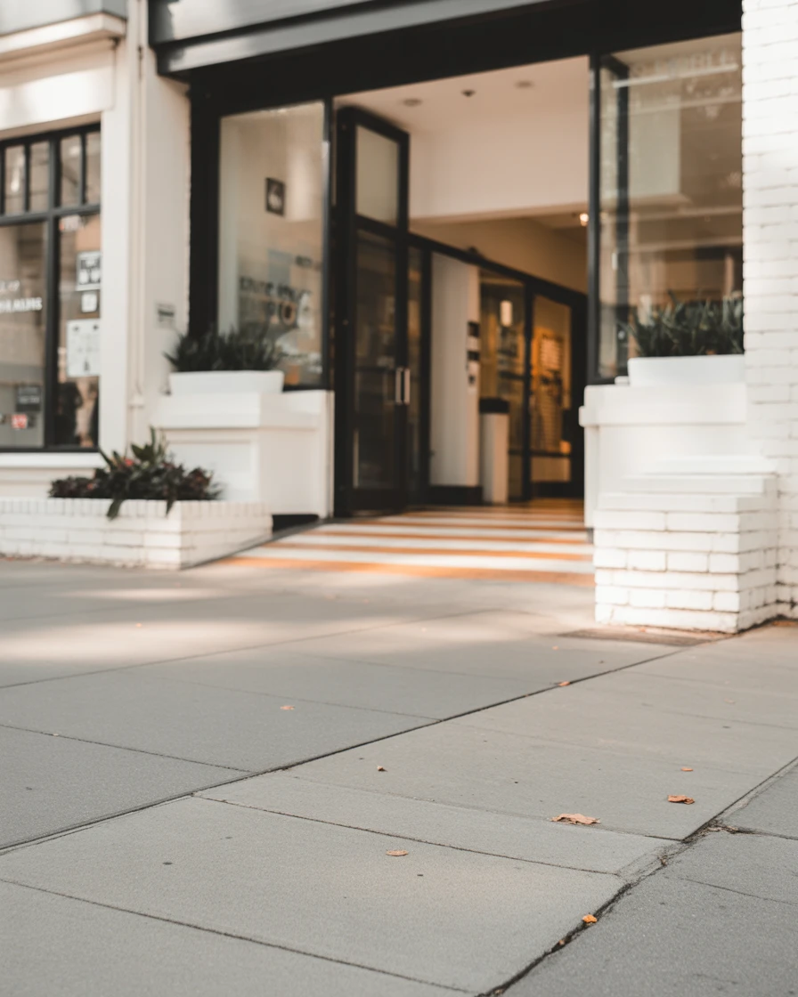 Sunlit storefront entrance with large windows, white planters, and clean sidewalk