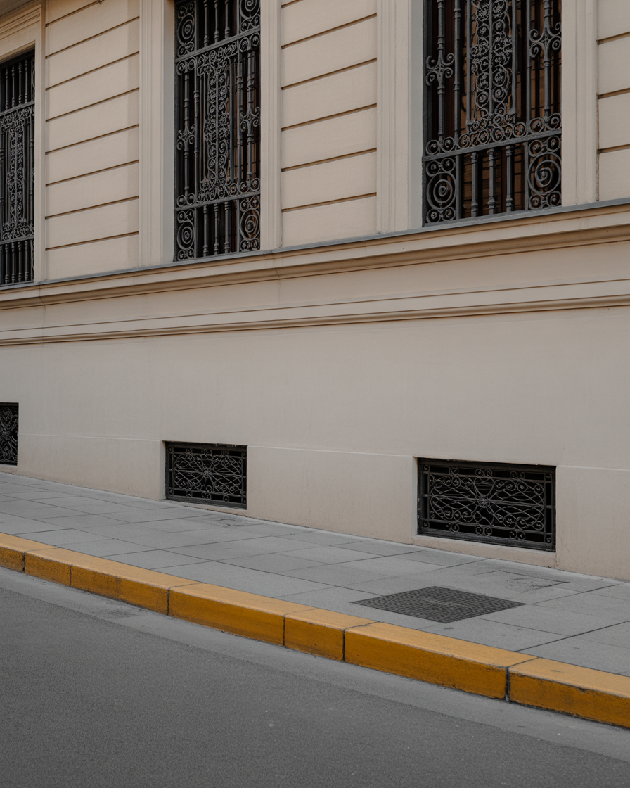 Classic building wall with detailed metal window grilles along sidewalk
