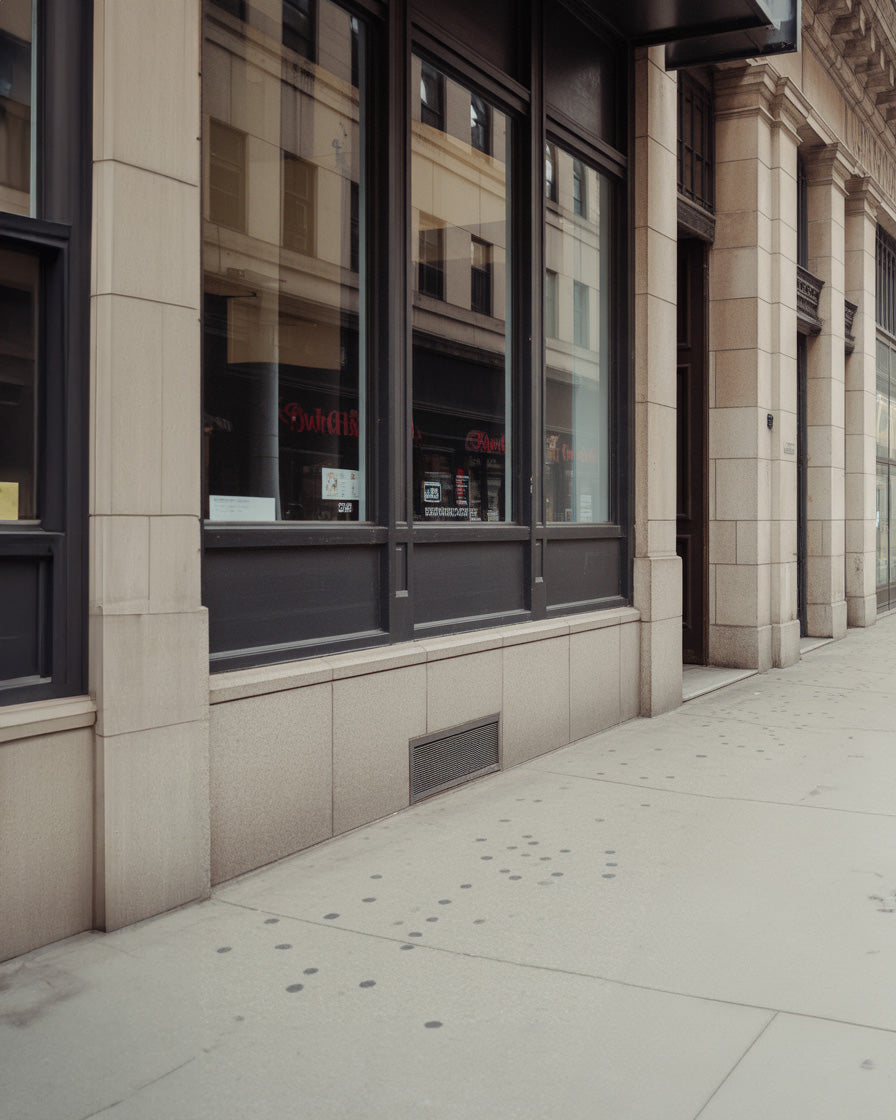 Downtown city storefront with beige stone facade and sidewalk