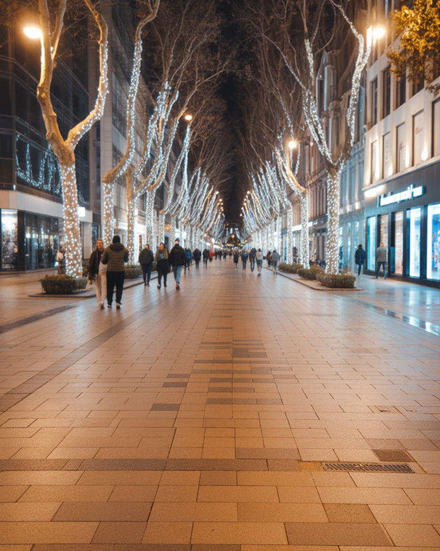 City boulevard glowing with festive lights at night