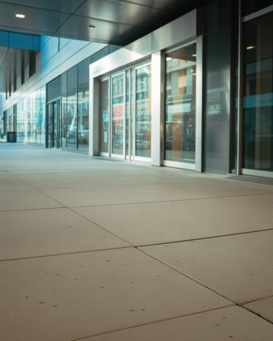 Modern glass-front walkway with smooth concrete tiles