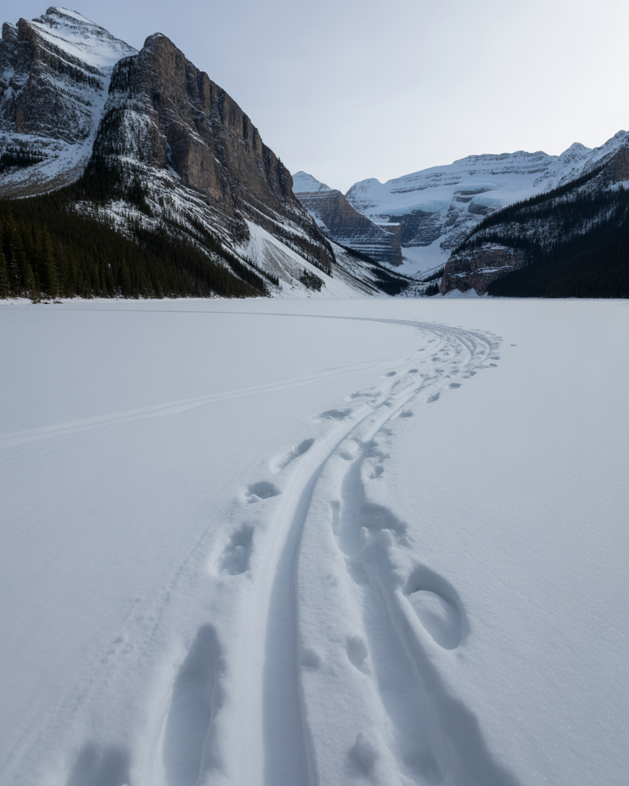 Snow covered mountain valley toward rugged icy peaks