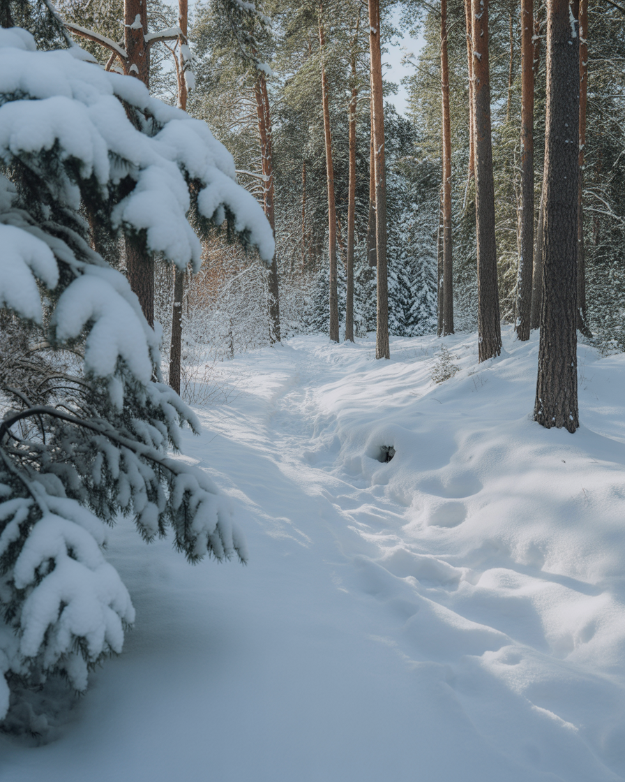 Snow covered forest trail winding through tall pine trees in winter