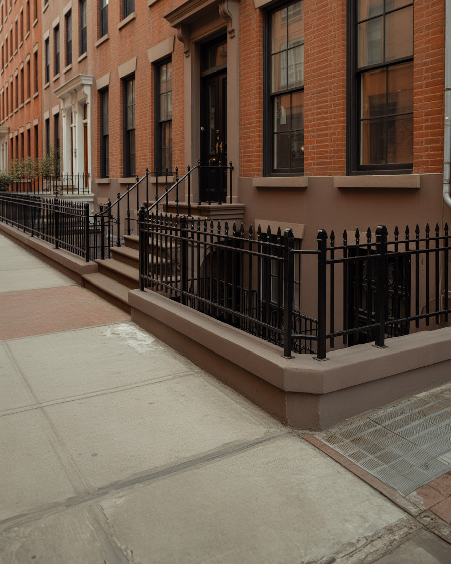 Warm brick townhouse facade along quiet city sidewalk