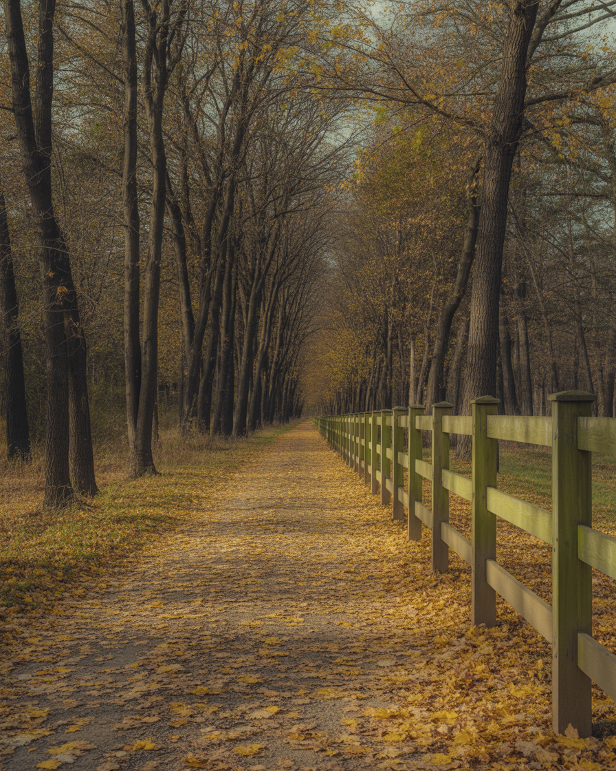 Autumn tree-lined path covered in golden leaves beside wooden fence