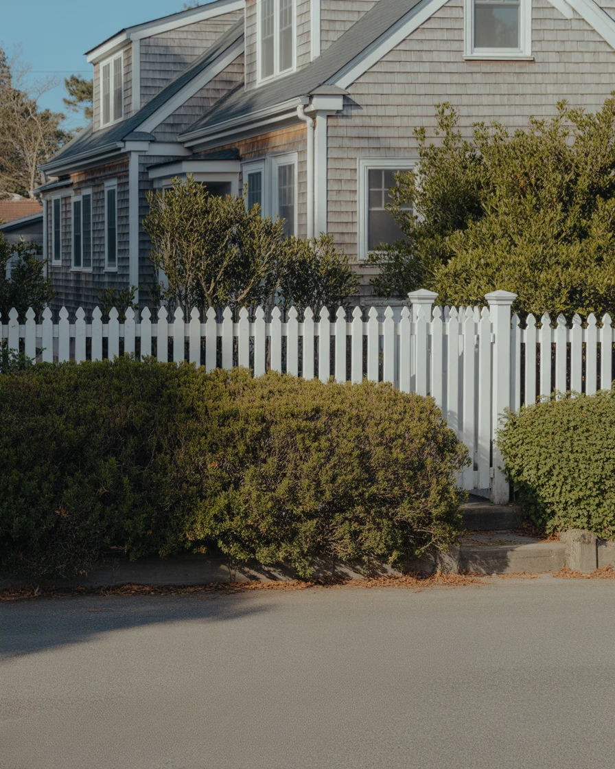 Coastal-style home with white picket fence and sunlit garden shrubs