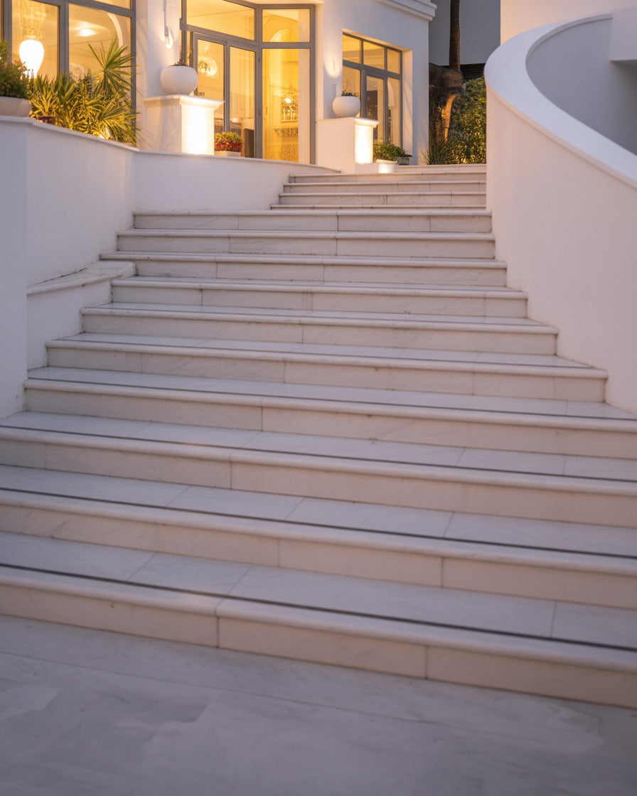 Elegant marble staircase leading to a warmly lit modern entrance