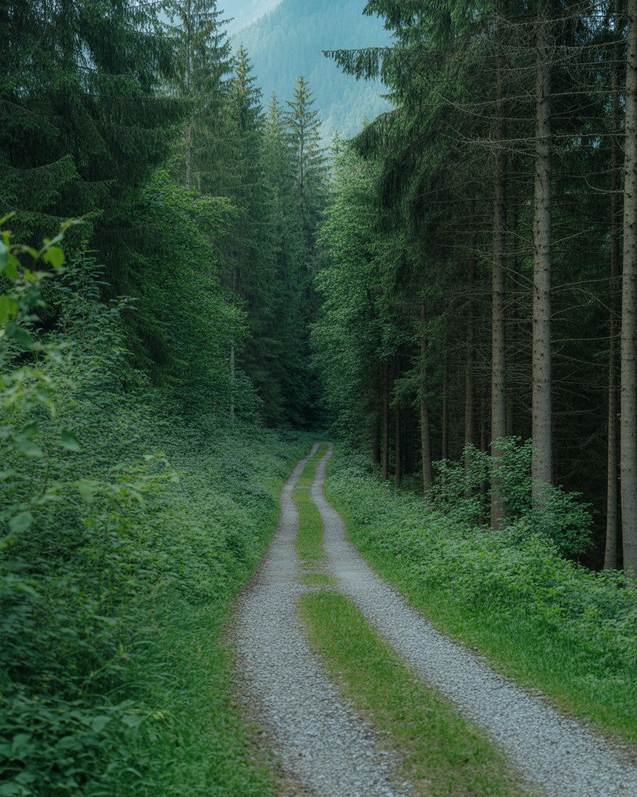 Quiet gravel pathway winding through green forest and tall trees