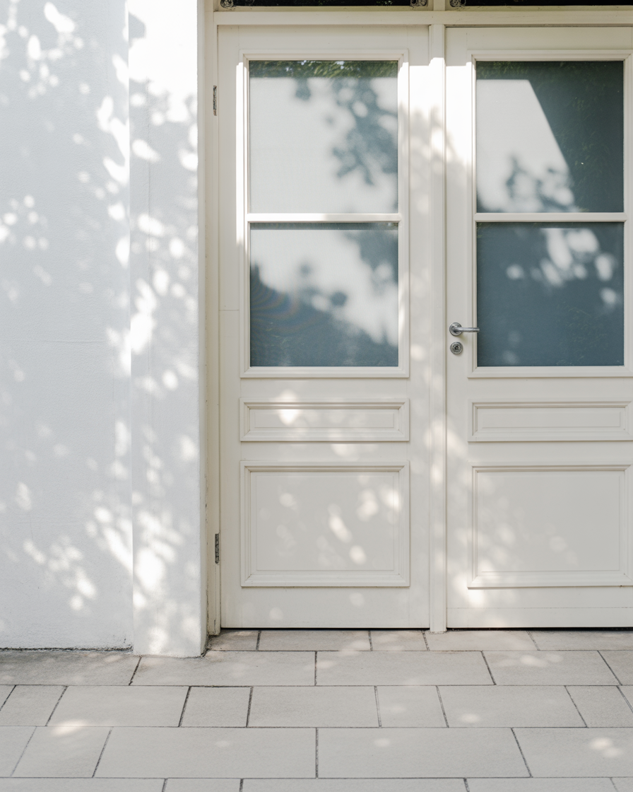 Afternoon daylight on white double doors with subtle tree-cast shadows