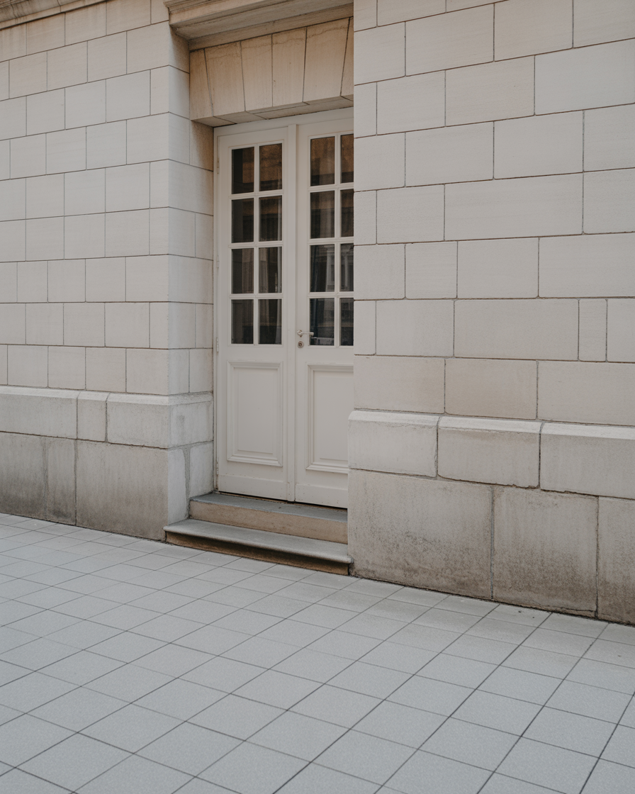 Pale stone facade with white framed door and soft natural light