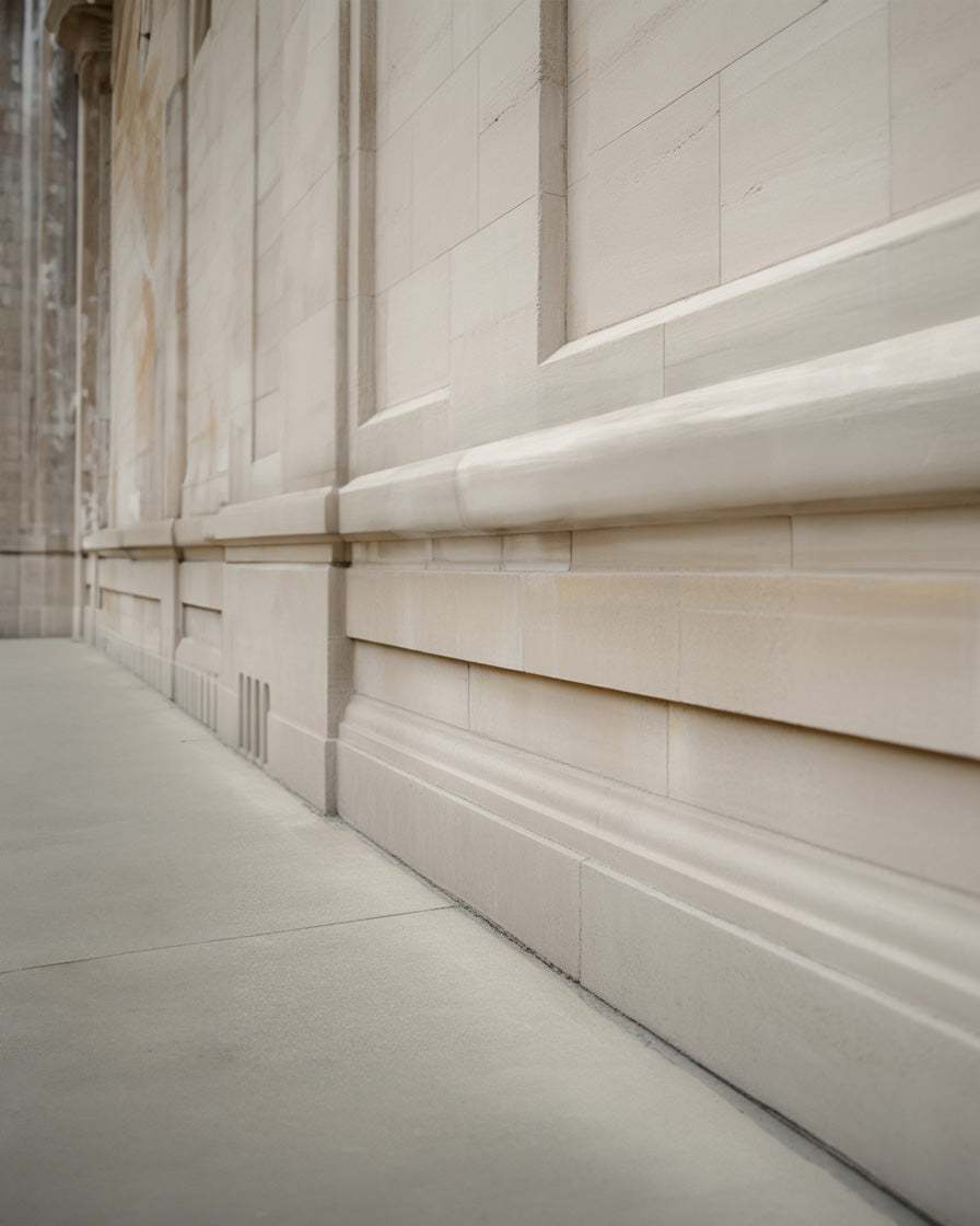 Elegant neutral stone façade with smooth architecture