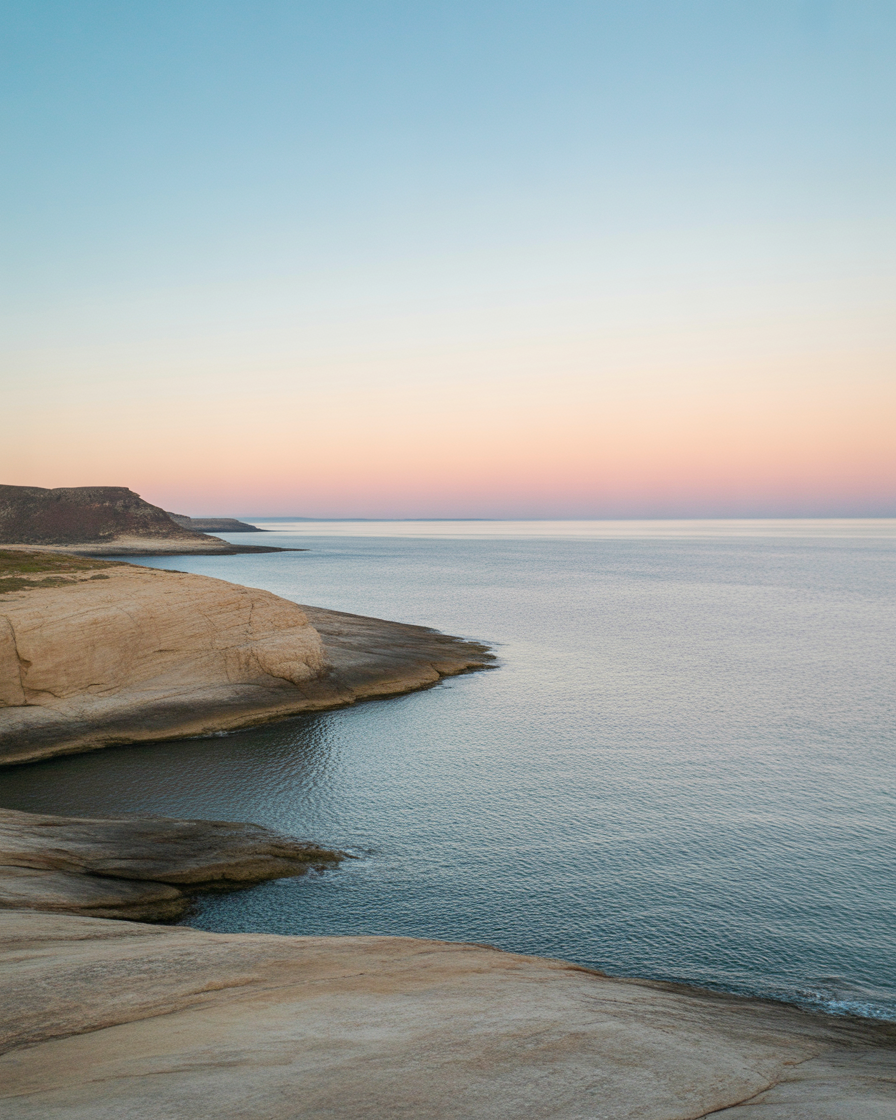Serene coastal cliffs overlooking calm blue water at sunrise