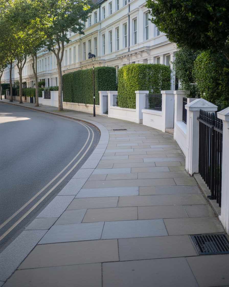 Quiet street with green hedges and stone sidewalk