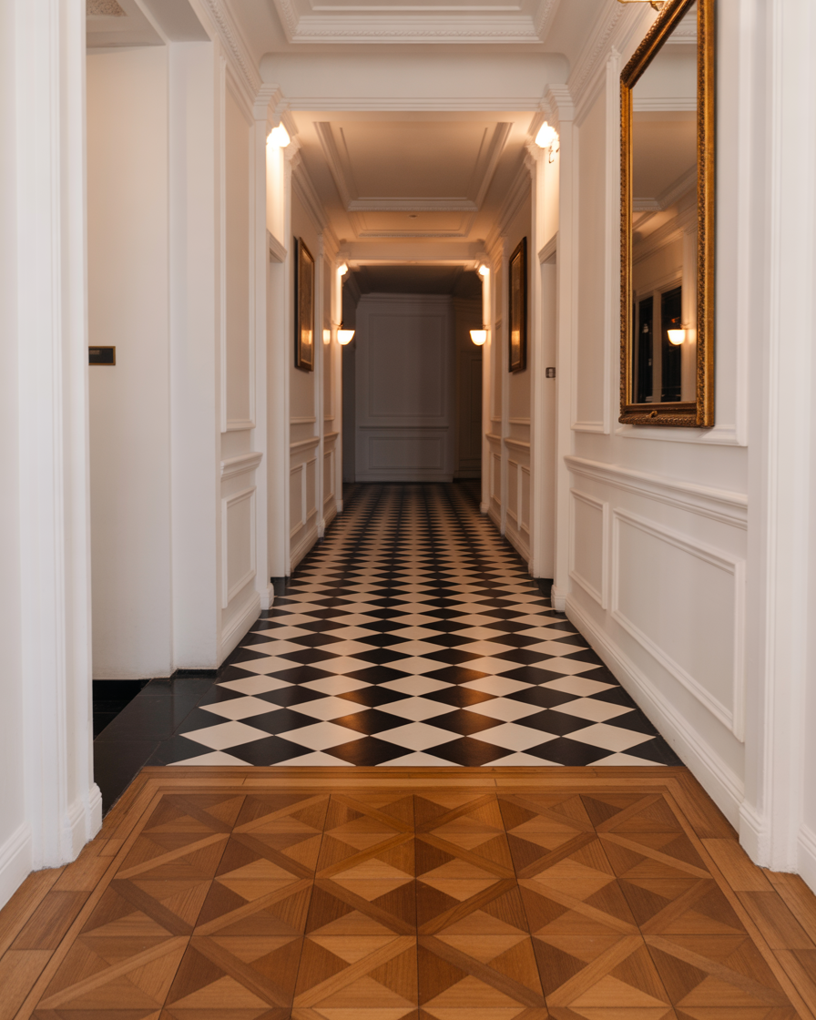 Elegant hallway with classic checkered flooring and warm ambient interior lighting
