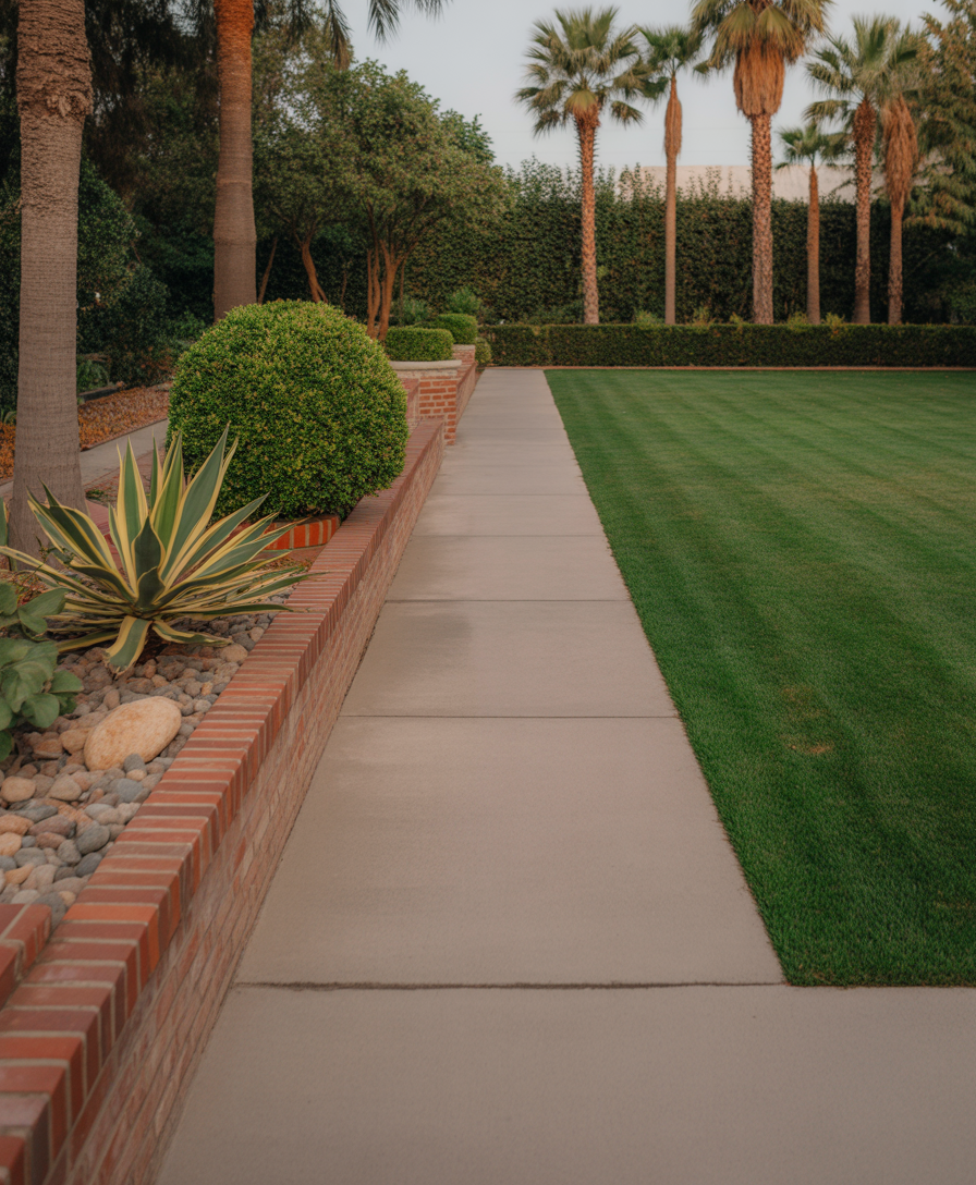 Sunlit garden walkway beside manicured lawn and lush desert plants
