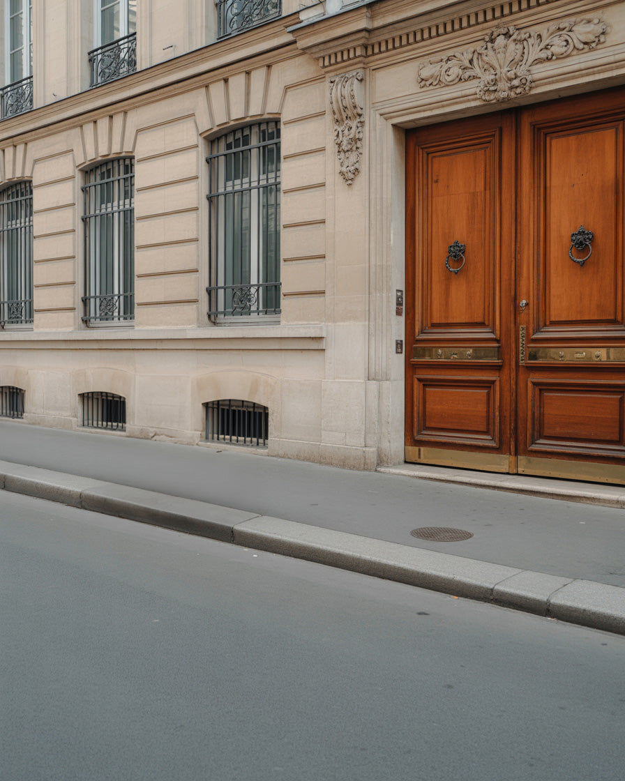 Ornate stone façade with grand wooden doorway and smooth sidewalk